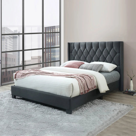 REEM - Black Upholstered Platform Tufted Velvet Bed, No Box Spring Needed