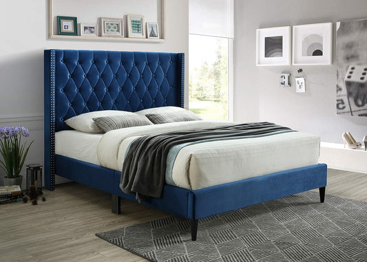 REEM - Blue Upholstered Platform Tufted Velvet Bed, No Box Spring Needed