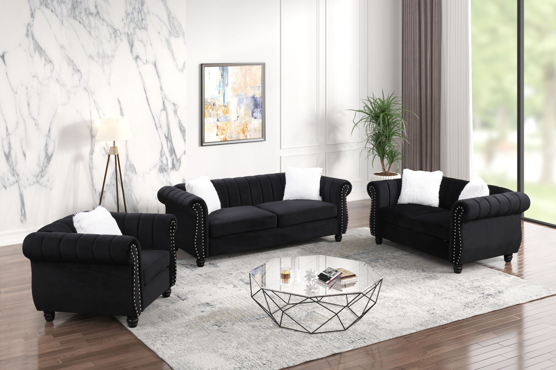 CRESCENT Black Velvet Fabric Sofa Set 3PC