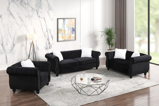 CRESCENT Black Velvet Fabric Sofa Set 3PC