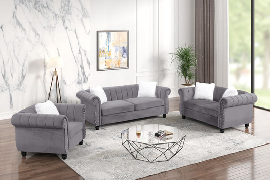 CRESCENT Grey Velvet Fabric Sofa Set 3PC