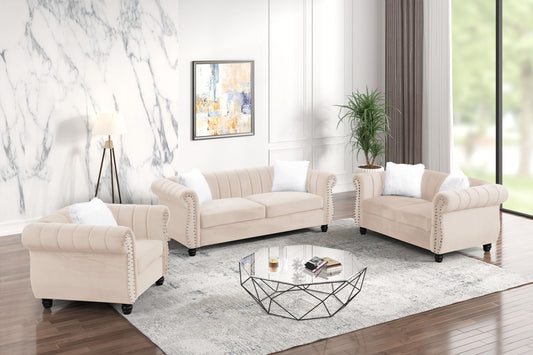 CRESCENT Tan Velvet Fabric Sofa Set 3PC