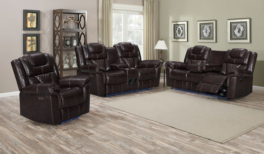 ENCORE Recliner Power Set 3PC - With Light Tape Leather Gel - Brown