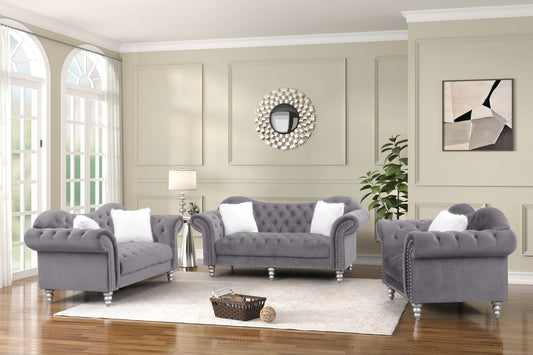 EQUINOX Grey Velvet Fabric Sofa Set 3PC