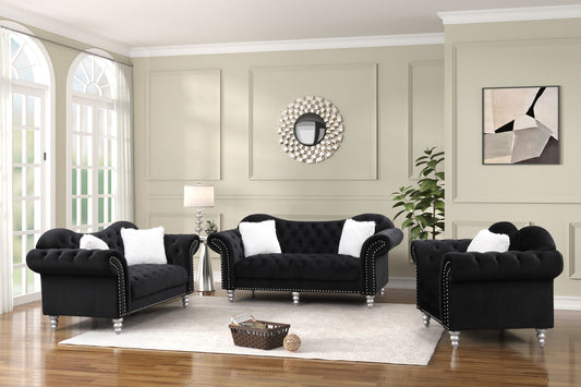 EQUINOX Black Velvet Fabric Sofa Set 3PC