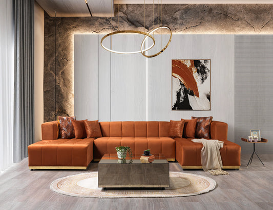 Elisha Velvet Double Chaise Sectional - Orange