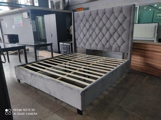 REEM - Grey Upholstered Platform Tufted Velvet Bed, No Box Spring Needed