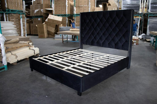 REEM - Black Upholstered Platform Tufted Velvet Bed, No Box Spring Needed