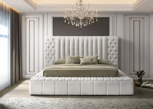 JASMINE WHITE - Boucle Upholstered Storage Panel Bed