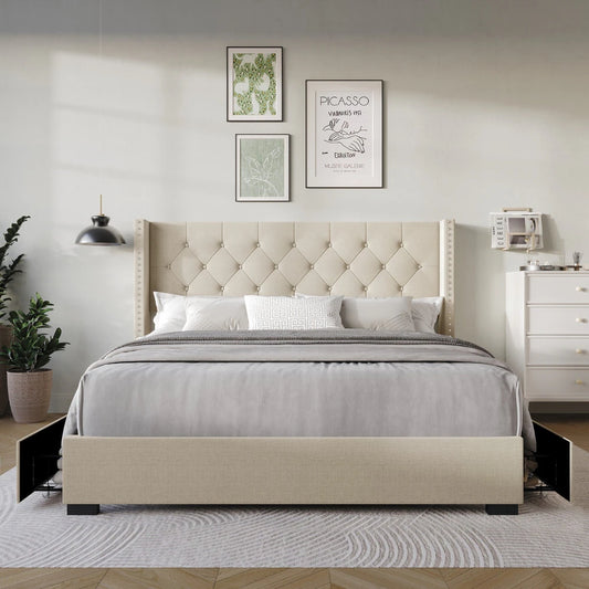 REEM - Beige Upholstered Platform Tufted Velvet Bed, No Box Spring Needed
