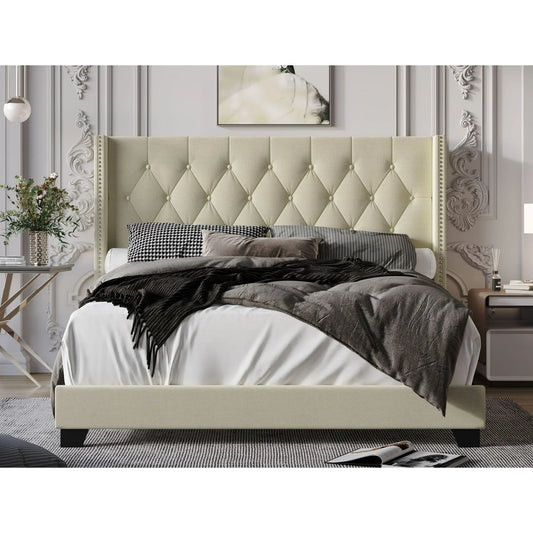 REEM - Beige Upholstered Platform Tufted Velvet Bed, No Box Spring Needed