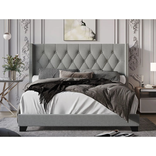 REEM - Grey Upholstered Platform Tufted Velvet Bed, No Box Spring Needed