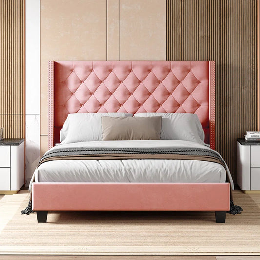 REEM - Pink Upholstered Platform Tufted Velvet Bed, No Box Spring Needed