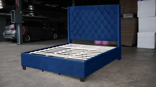 REEM - Blue Upholstered Platform Tufted Velvet Bed, No Box Spring Needed