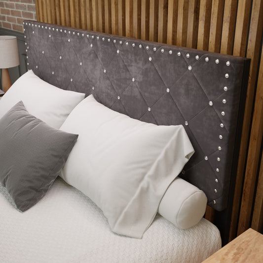 Adana Grey Velvet Bed With Diamonds