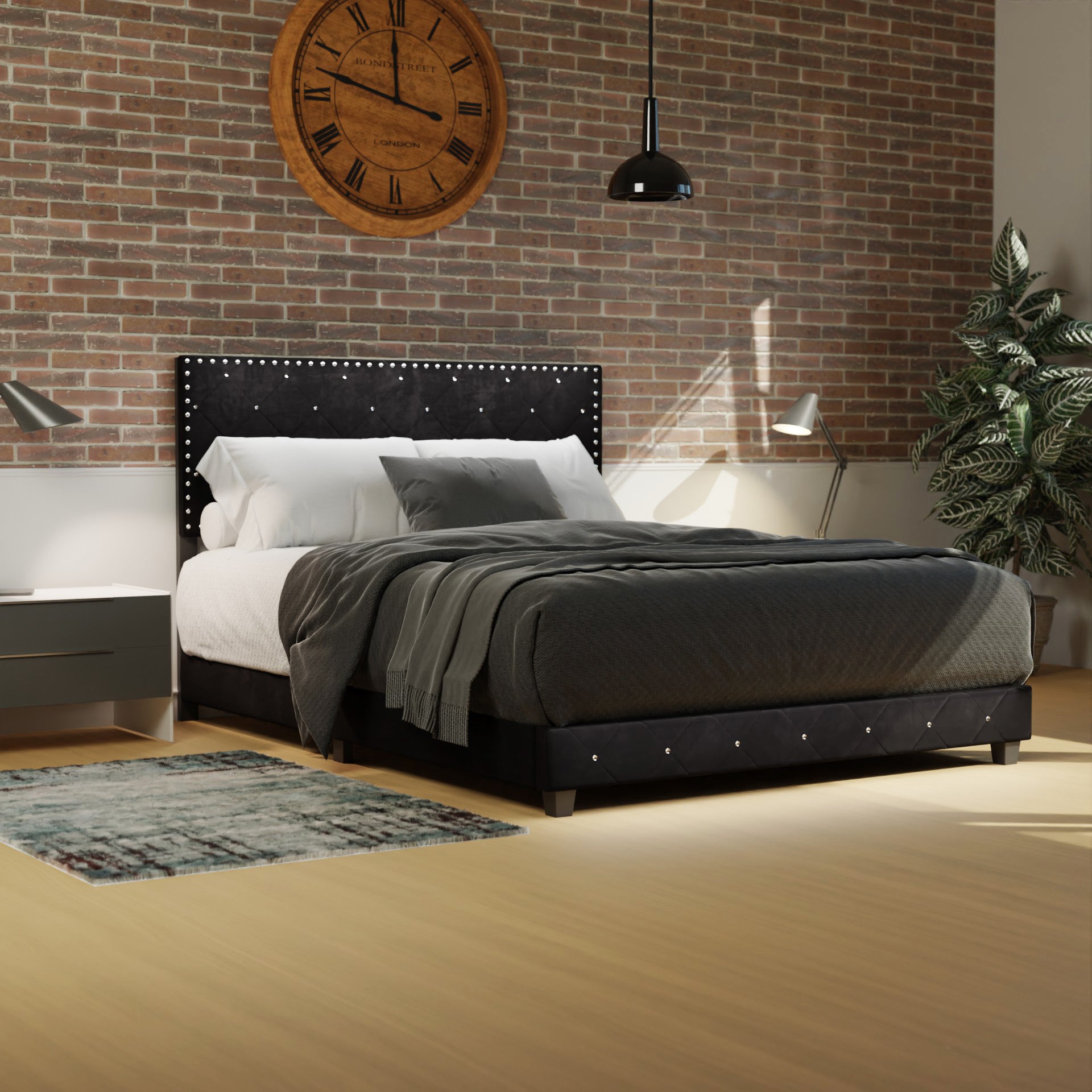 Adana Black Velvet Bed With Diamonds