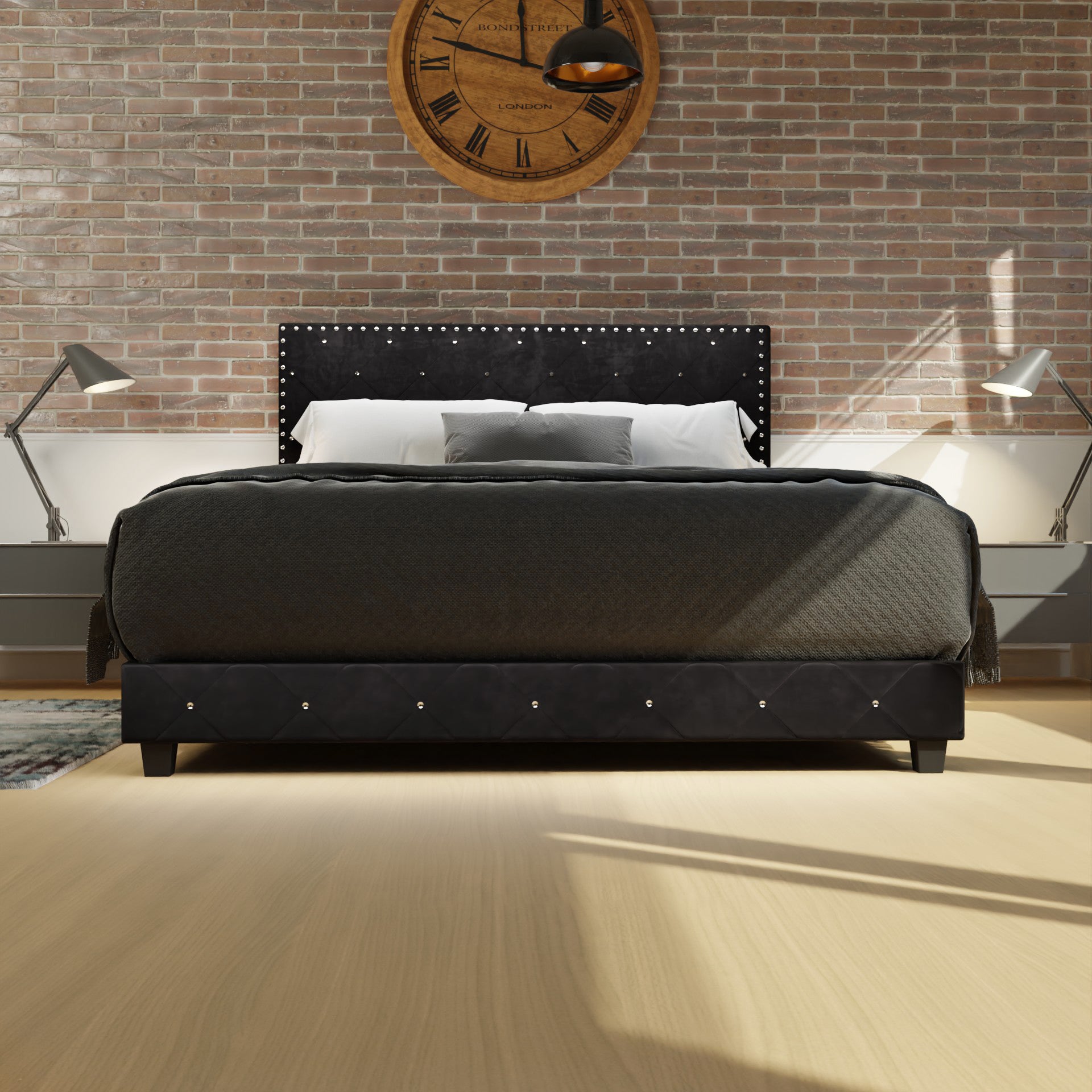 Adana Black Velvet Bed With Diamonds