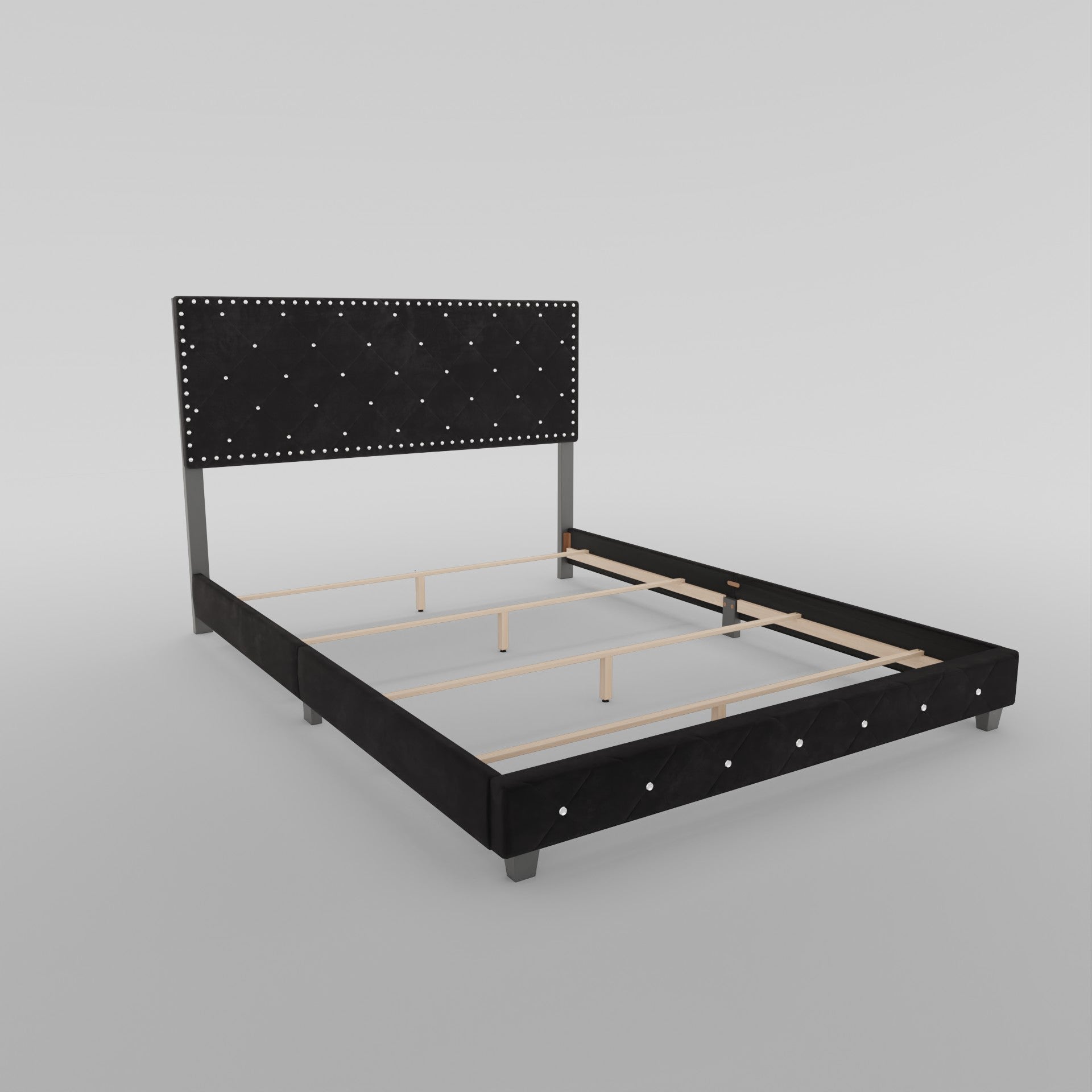 Adana Black Velvet Bed With Diamonds