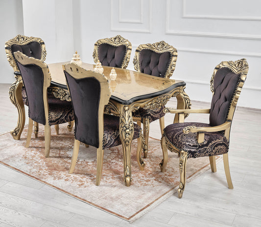 Royal Black/Gold Dining Table With 8 Chairs