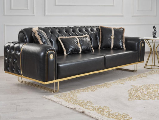 Sia Black Leather Sofa Set 3PC