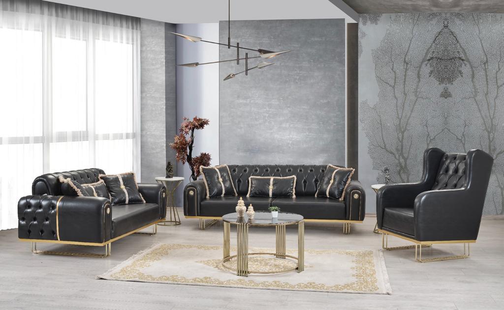 Sia Black Leather Sofa Set 3PC