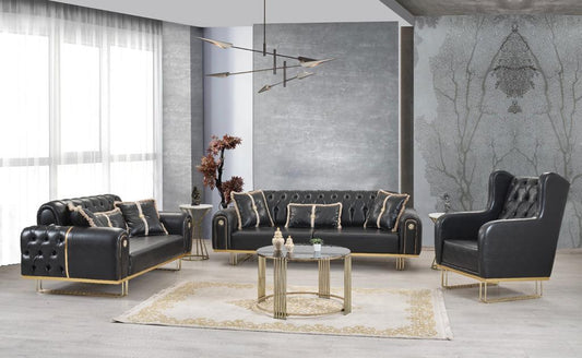 Sia Black Leather Sofa Set 3PC