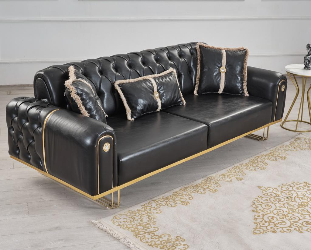 Sia Black Leather Sofa Set 3PC